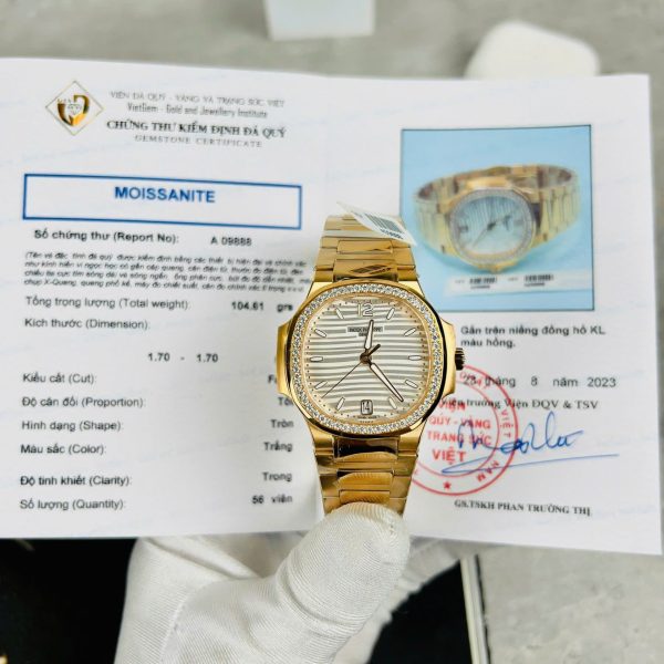 Patek Philippe Nautilus 7118 Replica Watches White Dial Bezel Moissanite Diamonds Custom 35.2mm - Image 2