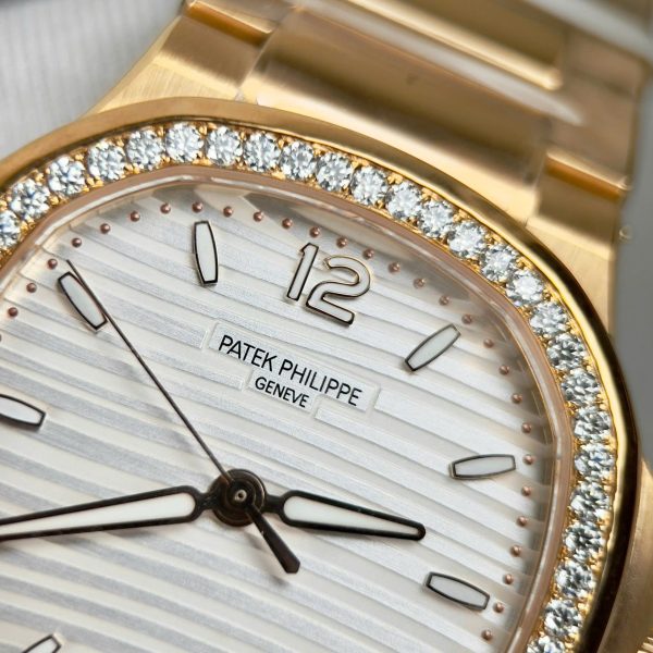 Patek Philippe Nautilus 7118 Replica Watches White Dial Bezel Moissanite Diamonds Custom 35.2mm - Image 5