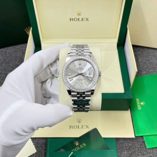 Rolex DateJust Imitation Watches Silver Dial Bezel Diamonds Moissnaite Clean Factory 41mm - Image 3