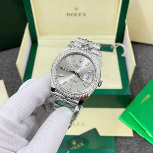 Rolex DateJust Imitation Watches Silver Dial Bezel Diamonds Moissnaite Clean Factory 41mm - Image 5
