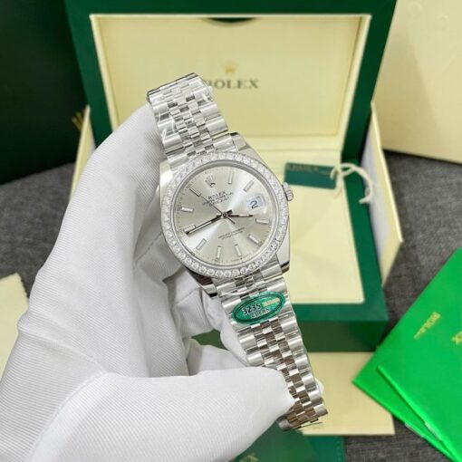 Rolex DateJust Imitation Watches Silver Dial Bezel Diamonds Moissnaite Clean Factory 41mm - Image 4