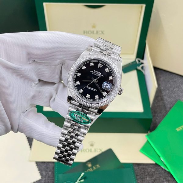 Rolex DateJust Fake Watches Black Dial Bezel Diamonds Moissnaite Clean Factory 41mm - Image 4