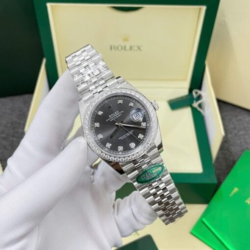 Rolex DateJust Replica Watches Gray Dial Bezel Diamonds Moissnaite Clean Factory 41mm - Image 4