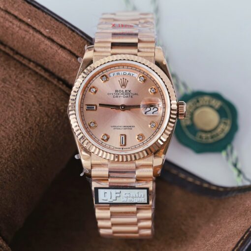 Rolex Day-Date 128235 Rose Gold Luxury Fake Watches Pink Dial Weight 156 Grams GF Factory 36mm