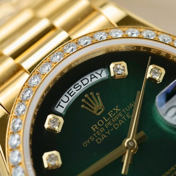 Rolex Day-Date 128348 Imitation Watches Green Ombre Dial 18K Gold Wrapped Bezel Moissanite Diamonds Custom 36mm - Image 9