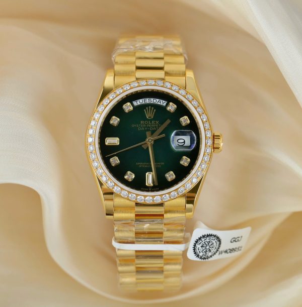 Rolex Day-Date 128348 Imitation Watches Green Ombre Dial 18K Gold Wrapped Bezel Moissanite Diamonds Custom 36mm - Image 4