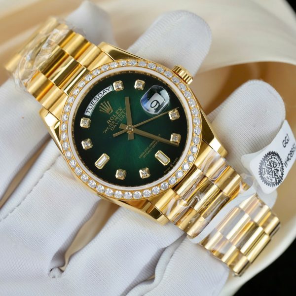 Rolex Day-Date 128348 Imitation Watches Green Ombre Dial 18K Gold Wrapped Bezel Moissanite Diamonds Custom 36mm - Image 5