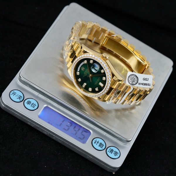 Rolex Day-Date 128348 Imitation Watches Green Ombre Dial 18K Gold Wrapped Bezel Moissanite Diamonds Custom 36mm - Image 3