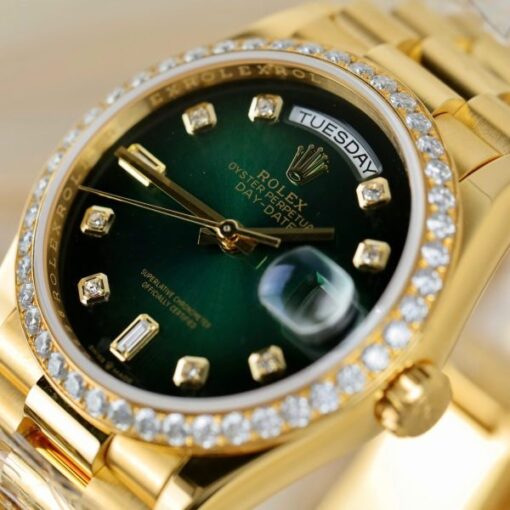 Rolex Day-Date 128348 Imitation Watches Green Ombre Dial 18K Gold Wrapped Bezel Moissanite Diamonds Custom 36mm - Image 7