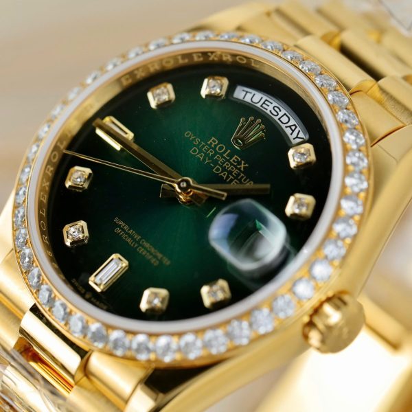 Rolex Day-Date 128348 Imitation Watches Green Ombre Dial 18K Gold Wrapped Bezel Moissanite Diamonds Custom 36mm - Image 7