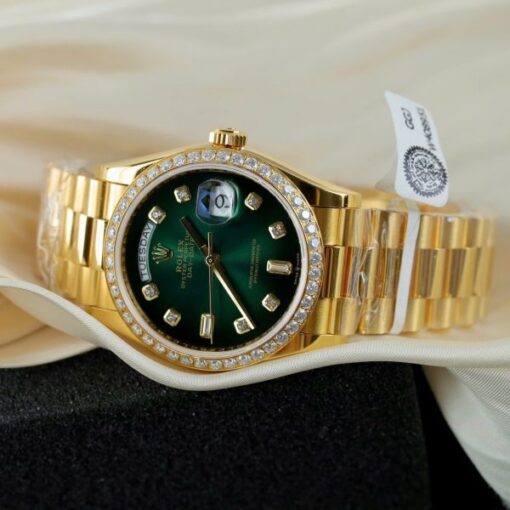 Rolex Day-Date 128348 Imitation Watches Green Ombre Dial 18K Gold Wrapped Bezel Moissanite Diamonds Custom 36mm - Image 6