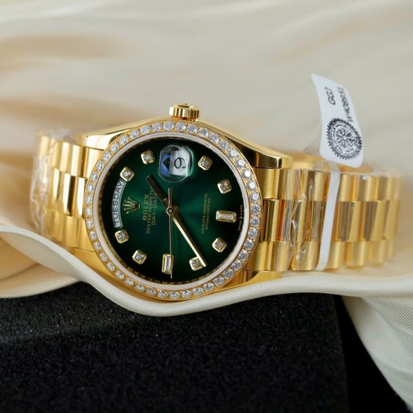 Rolex Day-Date 128348 Imitation Watches Green Ombre Dial 18K Gold Wrapped Bezel Moissanite Diamonds Custom 36mm - Image 6