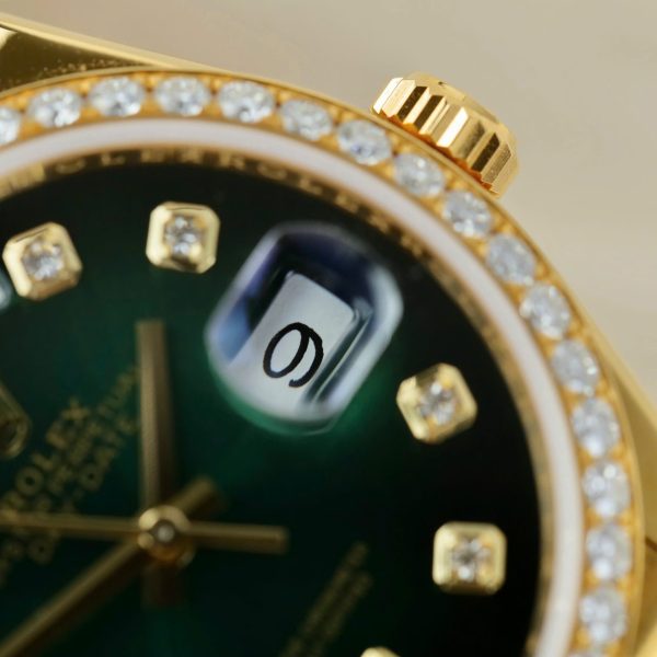 Rolex Day-Date 128348 Imitation Watches Green Ombre Dial 18K Gold Wrapped Bezel Moissanite Diamonds Custom 36mm - Image 8