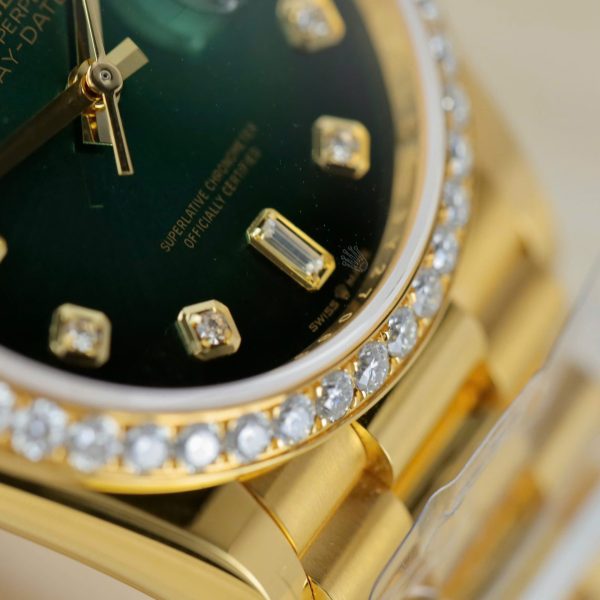 Rolex Day-Date 128348 Imitation Watches Green Ombre Dial 18K Gold Wrapped Bezel Moissanite Diamonds Custom 36mm - Image 10