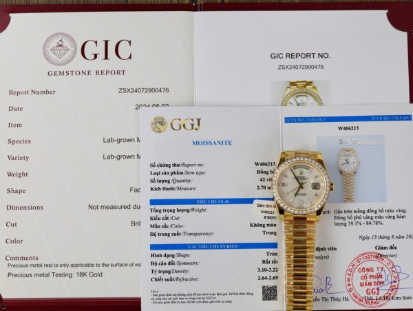 Rolex Day-Date MOP Dial Imitation Watches 18K Gold Wrapped + Bezel Moissanite Diamonds GM Factory 40mm - Image 2