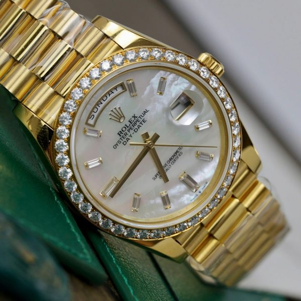 Rolex Day-Date MOP Dial Imitation Watches 18K Gold Wrapped + Bezel Moissanite Diamonds GM Factory 40mm - Image 4