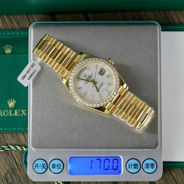 Rolex Day-Date MOP Dial Imitation Watches 18K Gold Wrapped + Bezel Moissanite Diamonds GM Factory 40mm - Image 3