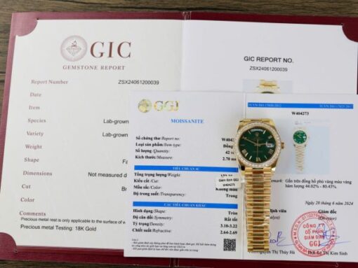 Rolex Day-Date Green Dial Knock Off Watches 18K Gold Wrapped + Bezel Moissanite Diamonds GM Factory 40mm - Image 2