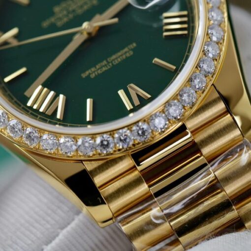 Rolex Day-Date Green Dial Knock Off Watches 18K Gold Wrapped + Bezel Moissanite Diamonds GM Factory 40mm - Image 6
