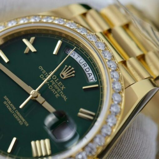 Rolex Day-Date Green Dial Knock Off Watches 18K Gold Wrapped + Bezel Moissanite Diamonds GM Factory 40mm - Image 5