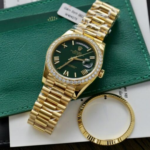 Rolex Day-Date Green Dial Knock Off Watches 18K Gold Wrapped + Bezel Moissanite Diamonds GM Factory 40mm - Image 4