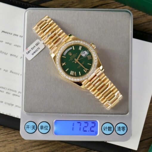 Rolex Day-Date Green Dial Knock Off Watches 18K Gold Wrapped + Bezel Moissanite Diamonds GM Factory 40mm - Image 3