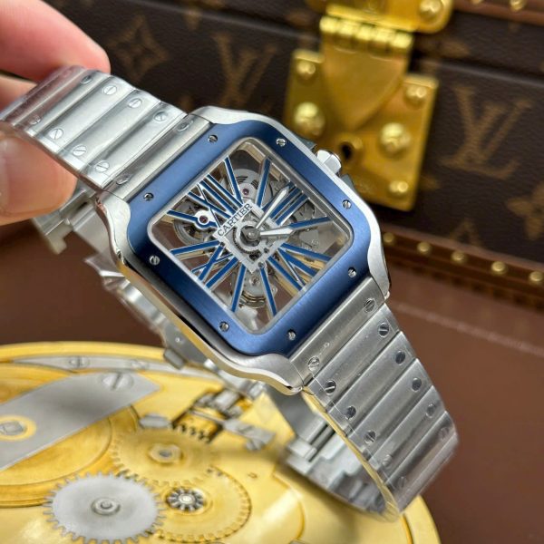 Cartier Santos Luxury Fake Watches Skeleton Dial Bezel Blue 39.8mm - Image 3