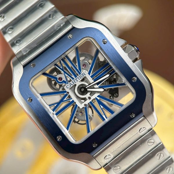 Cartier Santos Luxury Fake Watches Skeleton Dial Bezel Blue 39.8mm - Image 4