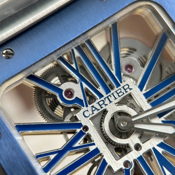 Cartier Santos Luxury Fake Watches Skeleton Dial Bezel Blue 39.8mm - Image 5
