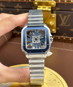 Cartier Santos Luxury Fake Watches Skeleton Dial Bezel Blue 39.8mm