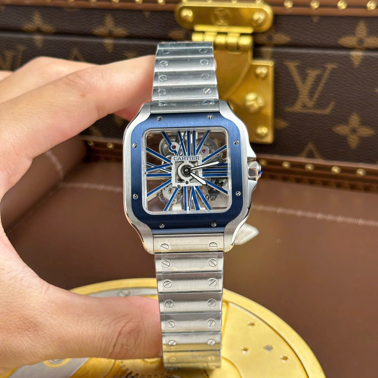 Cartier Santos Luxury Fake Watches Skeleton Dial Bezel Blue 39.8mm