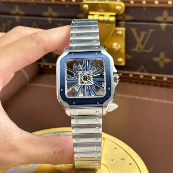 Cartier Santos Luxury Fake Watches Skeleton Dial Bezel Blue 39.8mm - Image 2