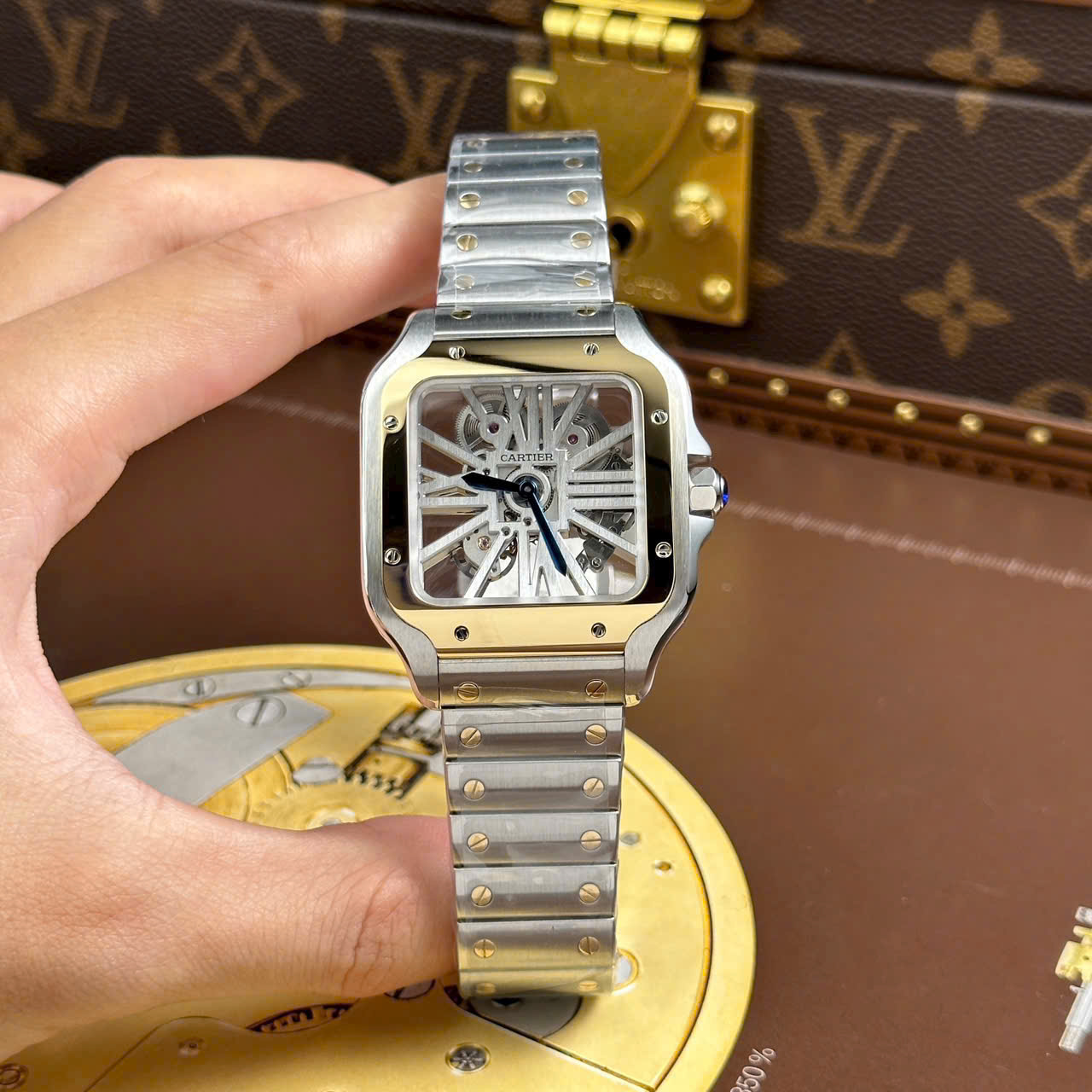 Cartier Santos Imitation Watches Skeleton Dial Bezel Yellow 39.8mm