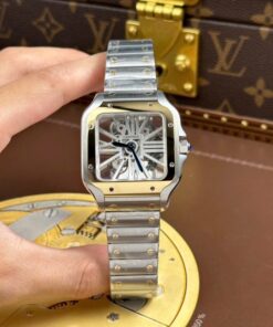 Alternative view of Cartier Santos Imitation Watches Skeleton Dial Bezel Yellow 39.8mm