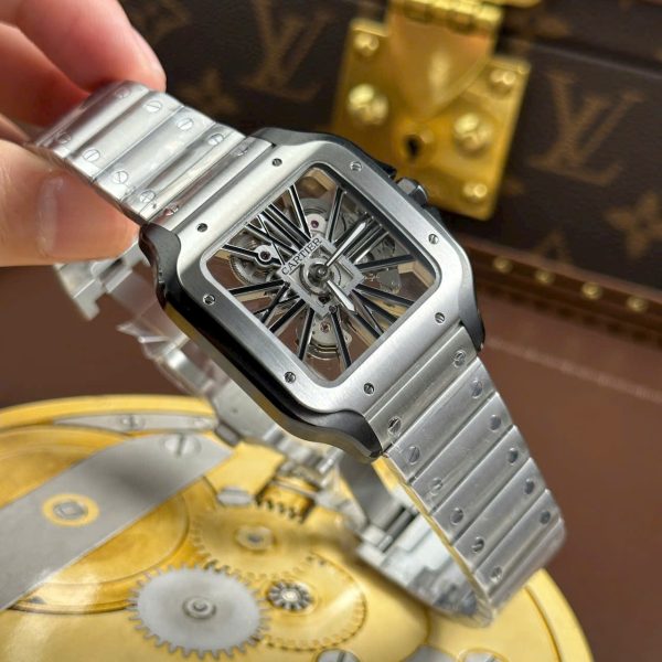 Cartier Santos Replica Watches Skeleton Dial Bezel Black 39.8mm - Image 3