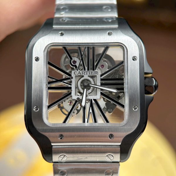 Cartier Santos Replica Watches Skeleton Dial Bezel Black 39.8mm - Image 4