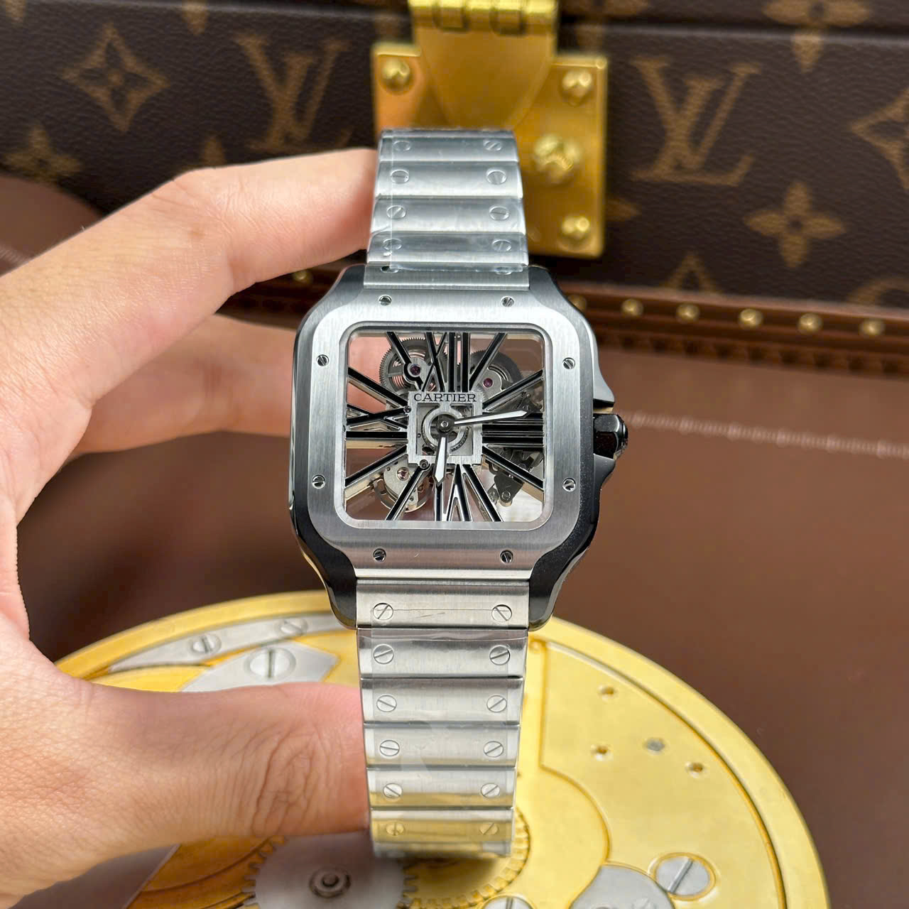 Cartier Santos Replica Watches Skeleton Dial Bezel Black 39.8mm