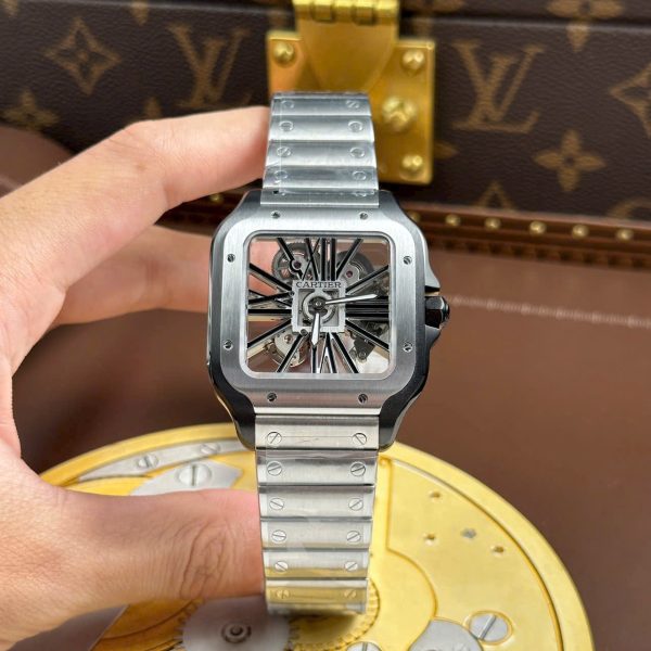 Cartier Santos Replica Watches Skeleton Dial Bezel Black 39.8mm - Image 2