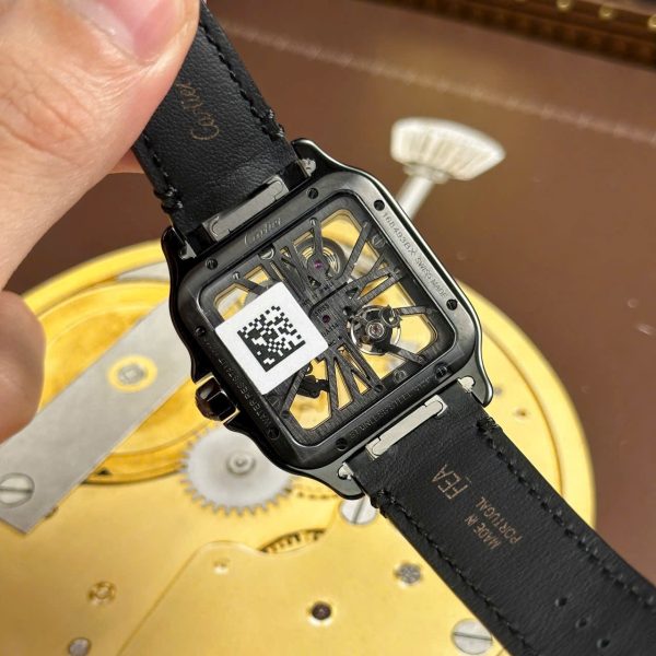 Cartier Santos Knock Off Watches Skeleton Dial Leather Strap Black 39.8mm - Image 11