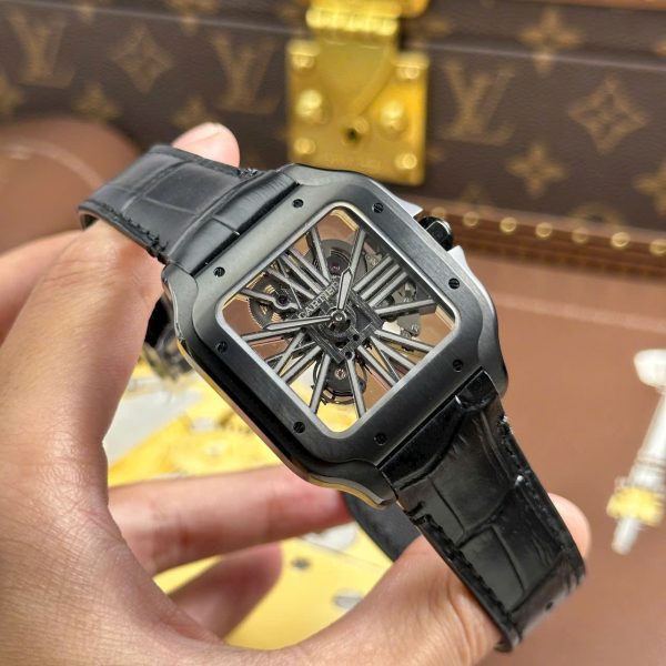 Cartier Santos Knock Off Watches Skeleton Dial Leather Strap Black 39.8mm - Image 3
