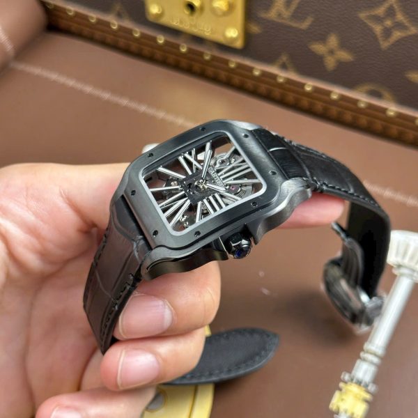 Cartier Santos Knock Off Watches Skeleton Dial Leather Strap Black 39.8mm - Image 4