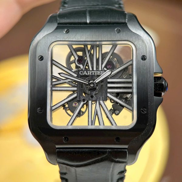 Cartier Santos Knock Off Watches Skeleton Dial Leather Strap Black 39.8mm - Image 5