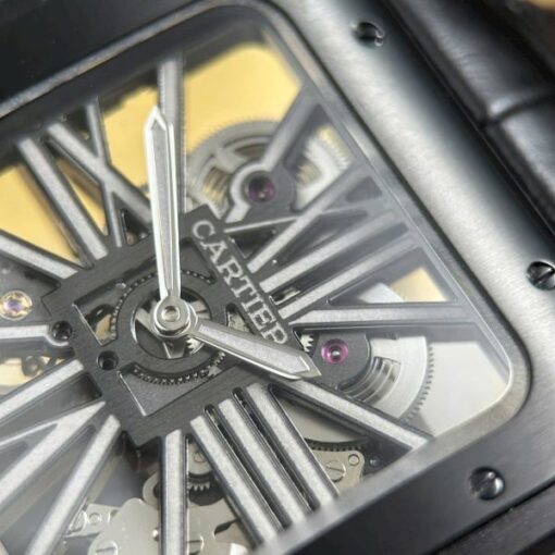 Cartier Santos Knock Off Watches Skeleton Dial Leather Strap Black 39.8mm - Image 6