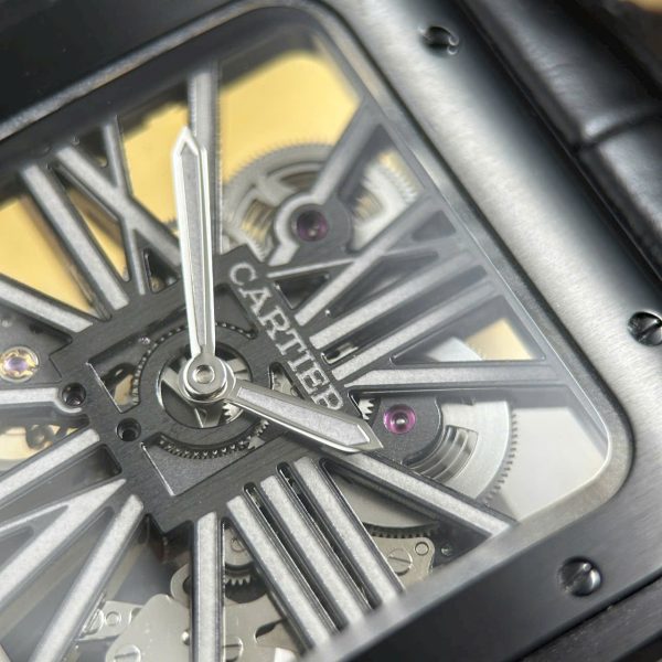 Cartier Santos Knock Off Watches Skeleton Dial Leather Strap Black 39.8mm - Image 6