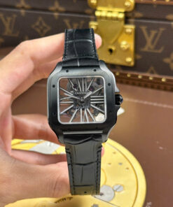 Cartier Santos Knock Off Watches Skeleton Dial Leather Strap Black 39.8mm