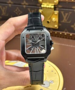 Alternative view of Cartier Santos Knock Off Watches Skeleton Dial Leather Strap Black 39.8mm