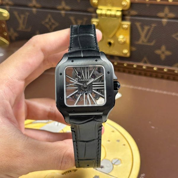 Cartier Santos Knock Off Watches Skeleton Dial Leather Strap Black 39.8mm - Image 2