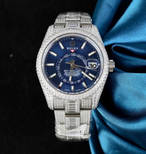 Rolex Sky-Dweller 336934 Blue Dial Fake Watches Full Stone CZ Automatic Movement 42mm
